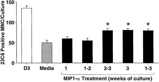 Fig. 2. MIP-1α acts at the later stages of osteoclast formation. / Human bone marrow cultures were treated with hMIP-1α (200 pg/mL) for varying periods of time. hMIP-1α significantly increased OCL formation only when present during the last 2 weeks of the 3-week culture period. Results represent the mean ± SEM for quadruplicate determinations for a typical experiment. Similar results were seen in the 3 independent experiments. *P < .05 compared to media alone.