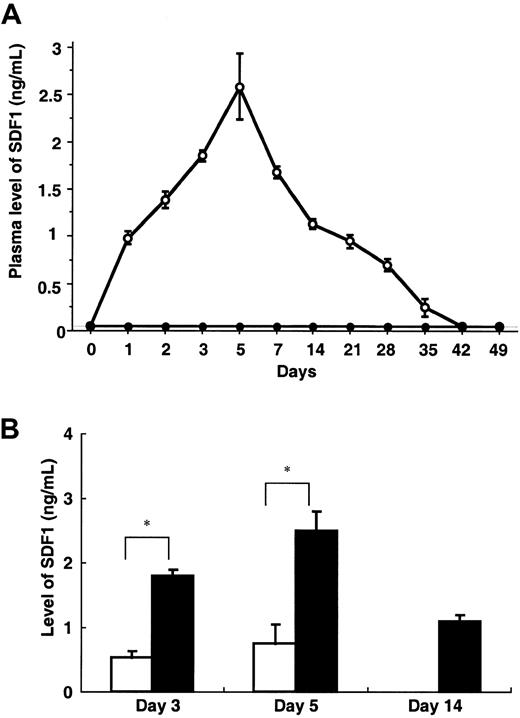 Fig. 1. Plasma level of SDF1. / (A) In SCID mice, the concentration of human SDF1 was measured throughout the study in the plasma of AdSDF1-treated (○) or AdNull-treated mice (●). All data are expressed as the mean (n = 4) ± SEM. (B) In SCID mice, the concentration of human SDF1 was measured in the plasma (▪) and BM (■) of AdSDF1-treated mice 3 days and 5 days after vector administration. All data are expressed as the mean (n = 5) ± SEM. The result from SDF1 level of BM compared to level of plasma achieves statistical significance (*P < .005).