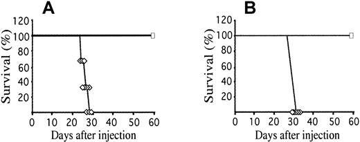 Fig. 3. Injection of ICSBP modified cells (Ba-P210–ICSBP) generates immunologic memory for parental leukemia cells (Ba-P210). / (A) Survival of naive Balb/c mice (⋄) or Balb/c mice preimmunized with 106 Ba-P210–ICSBP cells (■) following intravenous injection with 106 Ba-P210 cells. Ten mice were used in each arm. (B) Balb/c mice received an intravenous injection of 7 × 106 spleen cells from naive (⋄) or Ba-P210–ICSBP immunized mice (■), along with 106 Ba-P210 cells on the following day. Five mice were used in each arm.