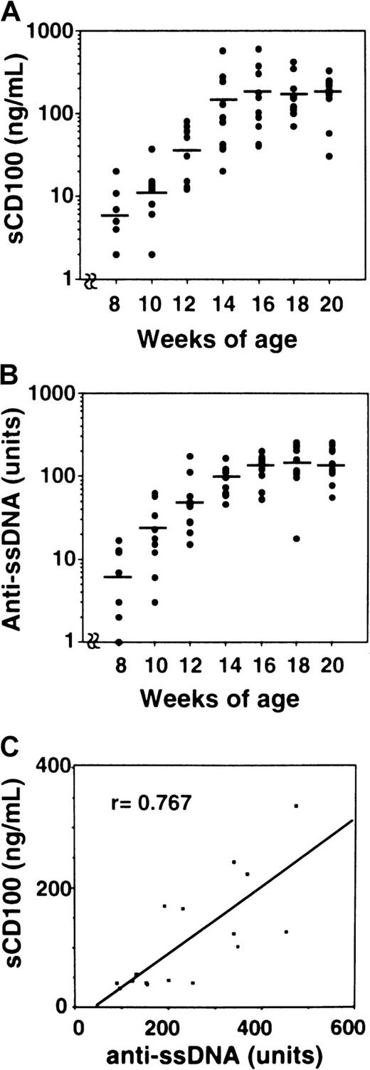 Fig. 7. Age-dependent increase of the amount of sCD100 and autoantibodies in MRL/lpr mice. / Sera from MRL/lpr mice were collected at 8, 10, 12, 14, 16, 18, and 20 weeks of age. Concentrations of serum sCD100 (A) and titers of anti-ssDNA (B) were measured by ELISA as described in “Materials and methods.” The horizontal lines represent the mean value for each group. (C) Correlation was observed between the concentration of sCD100 and the titers of anti-ssDNA antibodies in 16-week-old MRL/lpr mice (n = 16) with a probability of P < .01.