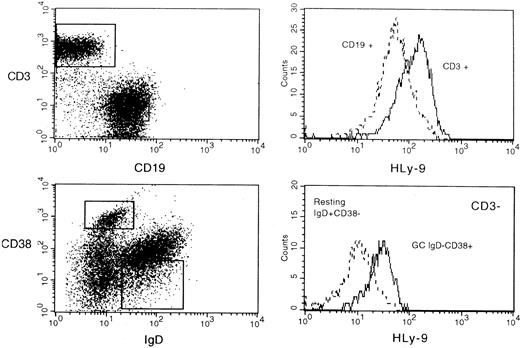 Fig. 9. Flow cytometric analysis of human tonsil cell surface staining with anti–human Ly-9 mAb. / Cells were incubated with biotinylated HLy-9.1.84 mAb, CD19-FITC, and CD3-APC washed and incubated with avidin phycoerythrin (upper panel) and with IgD-FITC, CD38-PE, CD3-APC and incubated with avidin perCP (lower panel).