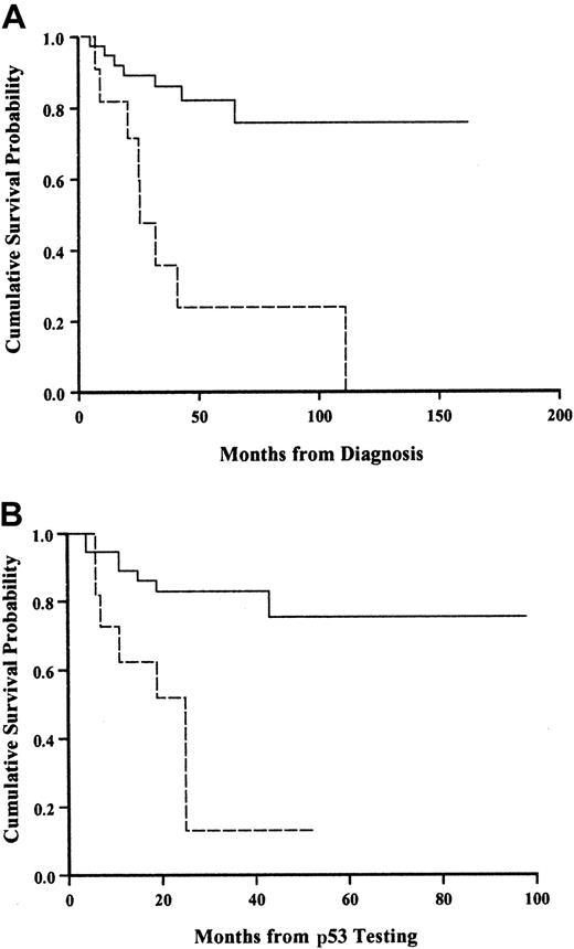 Fig. 4. Kaplan-Meier survival analysis in SLVL patients with and without p53 abnormality. / (A) Calculated from diagnosis. (B) Calculated from the time of testing. Solid line, normal p53; broken line, abnormal p53. Log-rank,P < .001.