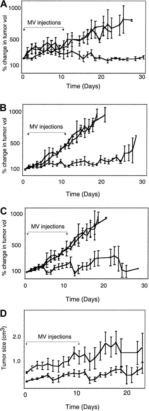 Fig. 2. Intratumoral injection with MV-Ed or MVlacZ into both DoHH2 and Raji tumors results in significant retardation or regression of tumor growth as compared with controls. / (A-C) Percentage change in tumor volumes after injection with MV (●) or UV-inactivated MV (■) and in noninjected controls (○). The day of injection was designated day 0. The x-axis represents time after intratumoral injection; the y-axis represents tumor volume relative to size at initial MV injection. The 10 days on which MV injections were given are indicated by the brackets with arrows. Panel A shows DoHH2 tumors injected with a total dose of 106 pfu MVlacZ. Panel B shows Raji tumors injected with a total dose of 106 pfu MV-Ed. Panel C shows Raji tumors injected with a total dose of 107 pfu MV-Ed. (D) A comparison between small (< 0.4 cm3) and large (> 0.4 cm3) Raji in their response to MV therapy. All MV-treated Raji tumors, regardless of virus dose, were categorized as large or small (greater or smaller than the mean). The x-axis represents time after intratumoral injection; the y-axis represents tumor size. Tumors that were small at the time of injection (▪) responded significantly better to MV therapy than those that were large at the time of injection (○).