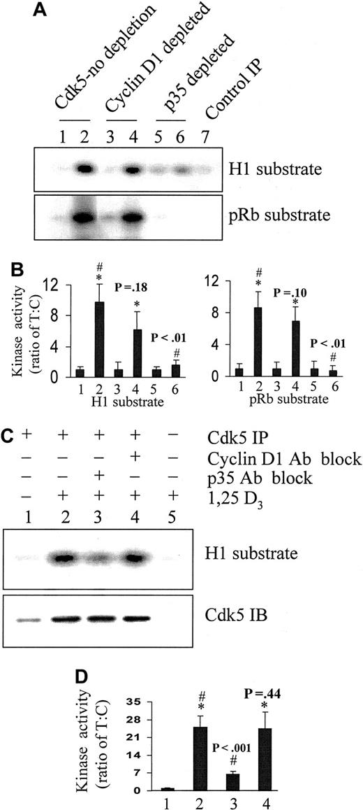 Fig. 3. Immunodepletion of p35Nck5a reduces Cdk5-associated kinase activity. / (A) Cdk5-associated kinase activity on 2 in vitro substrates histone H1 (H1) and the retinoblastoma protein (pRb) is shown for lysates of undifferentiated HL60 cells (lanes 1, 3, and 5), and lysates of HL60 cells treated with 10−7M 1,25D3 for 96 hours (lanes 2, 4, 6, and 7). The first 2 lanes show Cdk5-associated kinase activity of the cell lysates, lanes 3 and 4 the Cdk5-associated kinase activity after immunodepletion of the lysate with an antibody to cyclin D1, and lanes 5 and 6 after immunodepletion of the lysate with an antibody to p35Nck5a. Lane 7 shows a nonspecific signal that was obtained by subjecting the lysates of HL60 cells differentiated with 1,25D3 to the immunoprecipitation procedure but omitting the Cdk5 antibody from the IP protocol. Although the lower panel (pRb substrate) shows no signal in the scanned image, a weak signal was evident on the autograms in lanes 5 and 6. (B) Four autoradiograms from replicate experiments were scanned by a phosphoimager to quantitate Cdk5-associated H1 kinase activity (left panel), and pRb kinase activity (right panel). T indicates 1,25D3-treated cells; C, untreated control cells. The differences between values in lanes 2 versus 4 (the pairs identified by an asterisk) were not statistically significant (P < .05) for both substrates (histone H1 and pRb), whereas the differences between pairs identified with the symbol # (lanes 2 and 6) were highly significant (P > .01). (C) Lane 1, Cdk5-associated kinase activity from untreated HL60 cells using histone H1 as the substrate; lane 2, Cdk5-associated kinase activity from HL60 cells treated with 10−7M 1,25D3 for 48 hours; lane 3, as lane 2, but in the presence of 2 μg Ab to p35Nck5a; lane 4, as lane 2, but in the presence of 2 μg Ab to cyclin D1; lane 5 background, determined as in the last lane of Figure 3A. (D) Quantitation of experiments illustrated in Figure 3C, performed as described for Figure 3B.