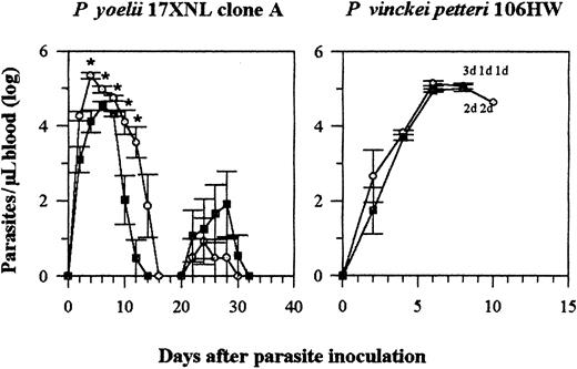 Fig. 5. Effect of rhIFN-α on blood parasite load of C57BL/6 mice infected with P yoelii 17X NL clone A or P vinckei petteri. / IFN-α (5 × 104 U per injection) and control mice were injected IP from days 0 to 25. The blood parasite load is expressed as in Figure 1. Symbols represent the mean ± SE of 6(P yoelii) or 5 and 4 (P vinckei) mice. The experiments were repeated twice with similar results. Each d refers to a dead mouse. *P < .05 (Mann-Whitney test). ○ indicates control; ▪, IFN-α.