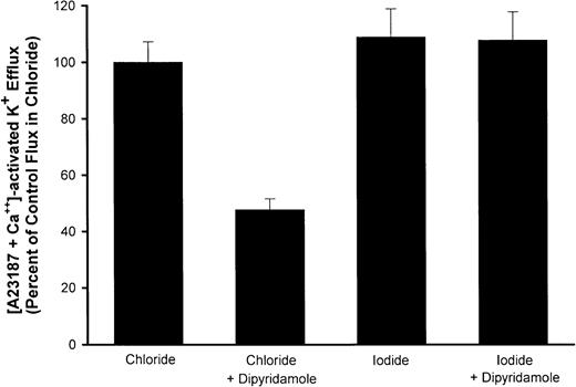 Fig. 7. Effect of I− substitution for Cl− on dipyridamole inhibition of Ca++-activated K fluxes. / AA RBCs were washed with HBS or similar medium in which I−replaced Cl− and suspended at 2% hematocrit. Ca++-activated K+ efflux was measured as described in “Materials and methods” with or without 10 μM dipyridamole. Fluxes are normalized to the flux in Cl−media for each of 3 independent experiments, showing the mean and SD for each condition.