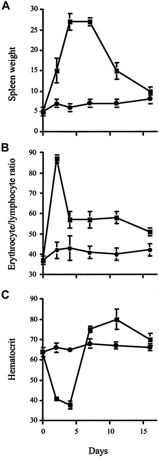 Fig. 1. Increase in erythrocyte number in spleen of anti-CD147–treated mice coincides with decrease in hematocrit. / DBA2 mice were injected intraperitoneally with 100 μg RL73 F(ab′)2 (▪)or Ter119 F(ab′)2 (●) and mice were killed on days 2, 4, 7, 11, and 16. Spleen cells were weighed (A), and analyzed by FACS (B). The erythrocyte/lymphocyte ratio reflects the percentage of Ter119+VLA-4− erythrocytes divided by the combined percentage of CD4+, CD8+, and B220+ cells. Hematocrit (C) was measured by standard methods at the indicated time points following RL73 F(ab′)2 or Ter119 F(ab′)2 treatment.