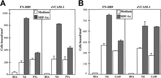 Fig. 3. Effect of pertussis toxin and cytochalasin D on SDF-1α–up-regulated VLA-4–dependent myeloma cell adhesion. / BCECF-AM–labeled NCI-H929 cells were preincubated in medium without (Nil) and with pertussis toxin (PTx) (200 ng/mL, 2 hours) (A) or with cytochalasin D (Cyt D) (0.5 μg/mL, 30 minutes) (B). SDF-1α (100 ng/mL, 1 minute) was added, and cells were allowed to adhere to FN-H89– or sVCAM-1–coated wells for 2 minutes. Adhesions were quantified in a fluorescence analyzer. Adhesion data represent the mean ± SD of triplicate samples from one representative result of at least 4 independent experiments.