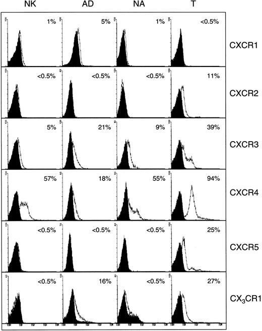 Fig. 1. Detection of surface CXC and CX3C chemokine receptors in NK cells. / Expression of CXC and CX3C chemokine receptors on the surface of nonactivated, adherent, and nonadherent cells (NK, AD, and NA, respectively). Expression of these receptors on nonactivated T cells is also shown. Numbers indicate the percentage of positive cells. Background controls in the presence of control antibody (mouse IgG) and FITC-conjugated secondary antibodies are shown in black.