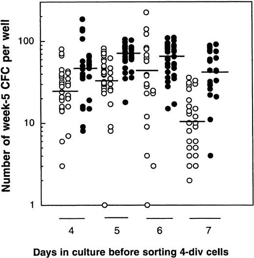 Fig. 6. Comparison of the LTC-IC activity of cells that have completed 4 divisions in 4, 5, 6, or 7 days. / Results are from 1 experiment. CD34+CD38low/negcells were cultured with cytokines in the presence (closed circles) or absence (open circles) of MS5 cells. On day 4, 4-division cells were sorted, and their LTC-IC activity was assessed (50 cells/well). Cells that undertook 0 to 3 divisions during the same time were also sorted and kept in culture 1 more day. The next day (day 5), 4-division cells were sorted and assessed in LTC and 0- to 3-division cells were recultured for 1 more day. This procedure was repeated on days 6 and 7. Each point represents the number of CFCs produced after 5 weeks by 50 cells that had accomplished 4 divisions by the day indicated. Horizontal bars indicate the geometric mean of the number of CFCs produced. There were no statistically significant differences in the mean number of CFCs generated by 4-division cells grown on MS5 (closed symbols) on day 4, 5, or 6, or by 4-division cells grown without MS5 (open symbols) on day 4, 5, or 6 (P > .5). However, each day, the mean number of CFCs generated in the presence of MS5 cells was significantly higher than that produced by cells grown without MS5 cells (P < .01).