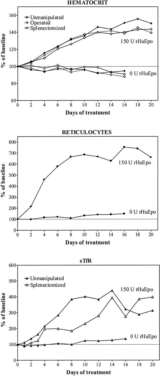 Fig. 1. Erythropoietic response to erythropoietin. / Evolution of erythroid parameters during treatment of unmanipulated (closed symbols, continuous line), sham-operated (open symbols, broken line), or splenectomized (open symbols, continuous line) iron-overloaded rats during treatment with daily doses of 150 U rHuEpo. Results are expressed as percentages of baseline value.