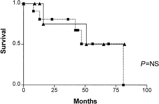 Fig. 1. Patient survival. / Survival of patients in progressive phase, with (closed boxes) and without (closed triangles) illegitimate switch recombinations. No significant difference was found (P = NS).