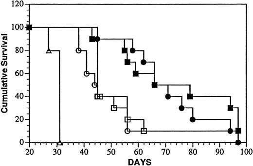 Fig. 7. Treatment of aggressive minimal and advanced Daudi lymphoma disease with LL2-onconase or component proteins. / Daudi lymphoma cells (5 × 106 cells) were injected iv, followed 1 or 7 days later with daily iv injections for 5 consecutive days of PBS (open triangles), 80 μg LL2 + 20 μg onconase (open circles and squares, treatment days 1 to 5 and 7 to 11, respectively), or 100 μg LL2-onconase (solid circles and squares, treatment days 1 to 5 and 7 to 11, respectively) as described in “Materials and methods.” Both groups of mice treated with LL2-onconase survived significantly longer than PBS (P < .0001) or a mixture of LL2 plus onconase (P < .0002) treated mice.