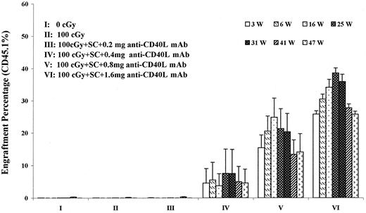 Fig. 3. Engraftment of B6.SJL marrow into 100- cGy irradiated BALB/c hosts pre-exposed to B6.SJL spleen cells and treated with anti-CD40 ligand (L) monoclonal antibody (mAb). / BALB/c hosts were infused with 10 million B6.SJL spleen cells (SC) on day −10. Immediately before spleen cell infusion and on days −7, −3, 0, and +3 BALB/c hosts were injected with varying amounts of anti-CD40 ligand (mAb) intraperitoneally. These mice were subjected to 100-cGy WBI and infused with 40 million B6.SJL marrow cells on day 0. Donor chimerism was determined by staining peripheral blood cells with CD45.1 antibody and analyzing individual mice by FACS. Data are expressed as percent engraftment out to 47 weeks after transplantation. There were initially 5 mice per group. Group I had 4 mice per group after week 9, and group VI had 4 mice per group after week 16. At 47 weeks, smaller numbers of mice were in each group due to the use of mice for other experimental points. Groups V and VI were statistically different from groups I, II, and III at all time points, P < .02 and P < .01, respectively. W indicates weeks.