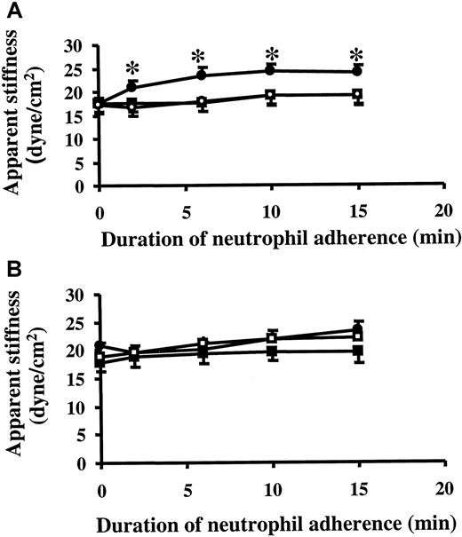 Fig. 3. Changes in EC stiffness on neutrophil adherence. / After TNF-α was washed off, the stiffness of 24-hour TNF-α–treated ECs (A) or untreated ECs (B) was measured by magnetic twisting cytometry using ferromagnetic beads bound to β1 integrin as described in “Materials and methods.” After the measurement of baseline stiffness, either purified neutrophil (neutrophil to EC ratio, 1:1), buffer, or neutrophil supernatant was added to the well, and EC stiffness was measured 2, 6, 10, and 15 minutes later. Data are expressed as mean ± SEM (n = 4). *P < .05 when compared to the baseline stiffness. ●, addition of neutrophils; ▪, addition of buffer; ■, addition of neutrophil supernatant.