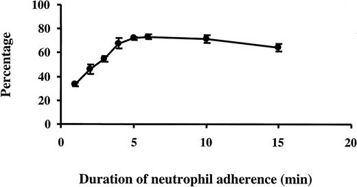 Fig. 4. Percentages of neutrophils observed along the EC borders. / After 24-hour TNF-α–treated ECs were washed, purified neutrophils (neutrophil to EC ratio, 1:1) were added to the wells and allowed to adhere for 1 to 15 minutes. After two washes, the cells were fixed and stained with silver stain as described in “Materials and methods.” The percentage of neutrophils observed along EC borders was measured. Data are expressed as mean ± SEM from 3 cell wells.