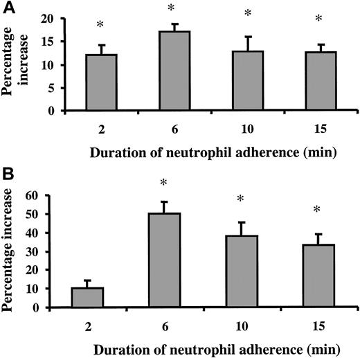 Fig. 7. Quantification of F-actin staining in 24-hour TNF-α–activated ECs on neutrophil adherence. / F-actin was detected by rhodamine-phalloidin stain as described, and the image was scanned and monitored using a Leica TCS-NT laser scanning confocal microscope. The mean pixel intensity of the F-actin fluorescence per field (A) and the percentage of the field (1000×) occupied by F-actin staining (B) were measured. Data are expressed as percentage changes over the corresponding control (exposing to buffer for the same duration) and presented as mean ± SEM from at least 10 images for each slide. The experiment was repeated 2 times with similar results. *Mean pixel intensity and percentage area in ECs in response to adherent neutrophils were significantly higher compared to addition of buffer for the same duration (P < .05).