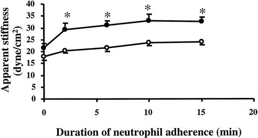 Fig. 8. Modulation of EC stiffening response by a cell-permeant phosphoinositide-binding peptide. / Twenty-four-hour TNF-α–treated ECs were pretreated with 10 μM phosphoinositide-binding peptide or the control peptide for 30 minutes along with anti–β1-integrin–coated beads. The stiffness before or 2, 6, 10, and 15 minutes after neutrophil adherence was evaluated as described before. Data are expressed as mean ± SEM (n = 3). ●, control peptide; ○, phosphoinositide-binding peptide. *P < .05 when compared to the control peptide–pretreated cells.