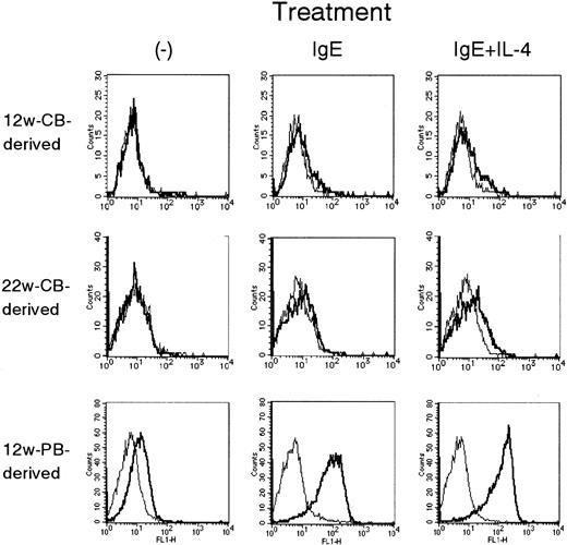 Fig. 1. Cell surface expression of FcεRI α chain. / The histograms represent 12-week-old PB-derived MCs (A, B, C), 12-week-old CB-derived MCs (D, E, F), and 22-week-old CB-derived MCs of the same batch with the 12-week-old MCs (G, H, I). These MCs were treated with SCF + IL-6–supplemented medium alone (A, D, G), IgE (B, E, H), and IgE + IL-4 (C, F, I) for 48 hours. CB-derived MCs at more than 20 weeks of culture showed significantly smaller levels of FcεRI α chain when compared with PB-derived MCs (MFI ratios, 1.00 ± 0.00, 1.22 ± 0.05, and 1.97 ± 0.09 when they were untreated, treated with IgE, and treated with IgE + IL-4, respectively; n = 3; Table 3).