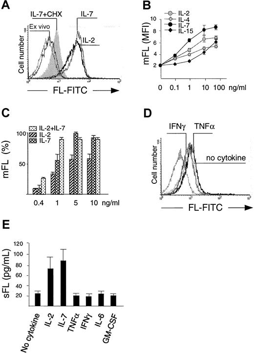 Fig. 1. Cytokines using the common γ receptor chain up-regulate expression of mFL and sFL in T lymphocytes. / T cells were purified from normal peripheral blood (see “Patients, materials, and methods”) and cultured for 72 hours in the presence of indicated cytokines. (A-D) Expression of mFL was analyzed by FACS. (E) Release of sFL to culture supernatants was measured with ELISA. (A) Expression of mFL by resting T cells (ex vivo) and in response to IL-2 (15 ng/mL), IL-7 (15 ng/mL), or IL-7 (15 ng/mL) plus CHX (10 μg/mL). Dotted line indicates staining with isotype-matched control mAb. (B) Expression of mFL (mean ± SD) in response to increasing concentrations of IL-2, IL-4, IL-7, and IL-15. (C) Expression of mFL in response to IL-2 and IL-7 combined at indicated concentrations. Results are shown as percent ± SEM of an increase above the baseline. (D) Expression of mFL in response to IFN-γ (500 U/mL), TNF-α (100 ng/mL), and without cytokine addition (no cytokine). Dotted line indicates staining with isotype-matched control mAb. (E) Release of sFL without cytokine addition (no cytokine), and in response to the indicated cytokines; mean ± SD is shown. Concentration of cytokines, as above; IL-6 and GM-CSF were used at 100 ng/mL.