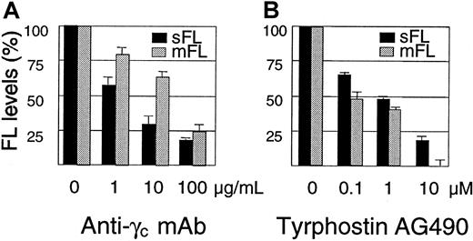 Fig. 2. Inhibition of γc function prevents IL-7–induced mFL and sFL expression in T lymphocytes. / T cells were cultured for 72 hours in the presence of IL-7 (15 ng/mL) and increasing concentrations of: (A) Anti-γc mAb CP.B8 or (B) Jak3 inhibitor tyrphostin AG490. Expression of mFL (gray bars) was analyzed by FACS, and sFL (black bars) by ELISA, and calculated as percent ± SEM of expression in the absence of the inhibitors after subtracting the amounts expressed spontaneously. In a control experiment, tyrphostin AG490 did not inhibit cell surface expression of γc (not shown).
