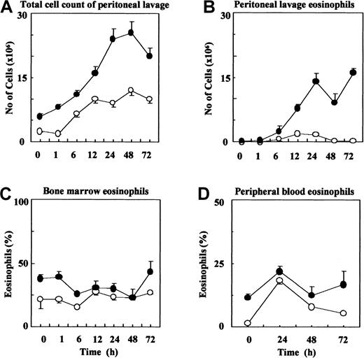 Fig. 2. TG5 mice developed an enhanced and sustained eosinophilic inflammation following thioglycolate injection. / (A) Total cell numbers of peritoneal lavage samples were assessed using Coulter counter before and 1, 6, 12, 24, 48, and 72 hours after thioglycolate injection as described. Counts per milliliter were adjusted to the volume recovered in each animal. (B) Absolute eos cell numbers in peritoneal lavage fluid were calculated using the number of total cells (as above) and the percentage of eos assessed from cytospin preparations in each animal. (C) Cytospin preparations from bone marrow samples were analyzed for eos cell counts before and 1, 6, 12, 24, 48, and 72 hours after thioglycolate injection. (D) Peripheral blood smears from the tail vein were analyzed for eos cell counts before and 24, 48, and 72 hours after thioglycolate injection. Differential cell counts were made by counting at least 200 cells in each sample. Results are expressed as percentage of total counted cells. For each study values are expressed as mean ± SEM (n = 4 samples were studied for each time point and each genotype). Open circles indicate cell numbers in control (FVB) mice; solid circles, cell numbers in transgenic mice TG5.