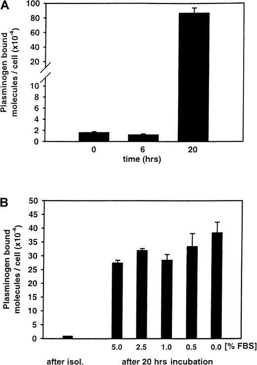 Fig. 1. Effect of neutrophil culture on plasminogen-binding capacity. / Freshly isolated human blood neutrophils (1.5 × 107), defined as time 0, were cultured for the indicated times in Mo-Medium at 37°C in a humidified atmosphere, 5% CO2, with 5% FBS or varying amounts of FBS. After washing the cells, specific plasminogen binding was quantitated by means of 125I-plasminogen at 100 nM and a 1-hour incubation. (A) Cultured with 5% FBS. This time-course experiment (means ± SEM of triplicates) is representative of 3 experiments. (B) Cultured with varying amounts of FBS. This FBS dose-titration experiment was done twice.
