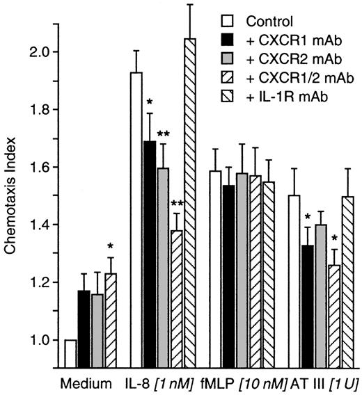 Fig. 3. Influence of IL-8 receptor blockade on AT III–induced chemotaxis. / Neutrophils were treated for 2 hours with blocking mAbs to both IL-8 receptors (CXCR1, CXCR2). An isotype-matched control mAb to IL-1 receptor served as the control. After washing, cells migrated to medium, IL-8, fMLP, or AT III for 30 minutes into nitrocellulose filters. Migration depth was measured by microscope. The chemotaxis index is the ratio between the distances of directed and undirected migration of neutrophils. Means of chemotaxis indices were compared by Mann-Whitney test after Kruskal-Wallis analysis of variance (P < .001). *P < .05; **P < .01;n = 9.