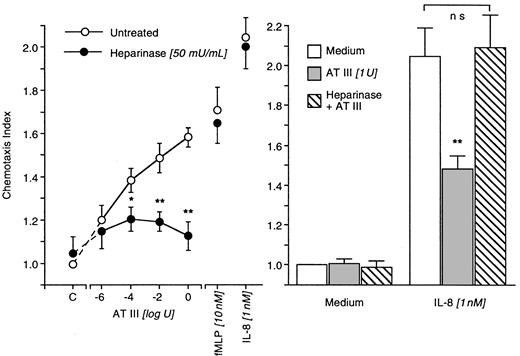 Fig. 6. Impact of heparinase-induced cleavage on AT III effects in neutrophils. / Heparinase-treated (50 minutes) or -untreated neutrophils migrated for 30 minutes to AT III at various concentrations. Chemotaxis induced by fMLP or IL-8 served as positive controls (left). In deactivation experiments, heparinase-treated or -untreated neutrophils were exposed to AT III for 20 minutes; thereafter, migration to medium or IL-8 was run (right). The chemotaxis index is the ratio between the distances of directed and undirected migration of neutrophils. Means of chemotaxis indices were compared by Mann-Whitney test after Kruskal-Wallis analysis of variance (P < .001). *P < .05; **P < .01. ns, not significant; n = 8.