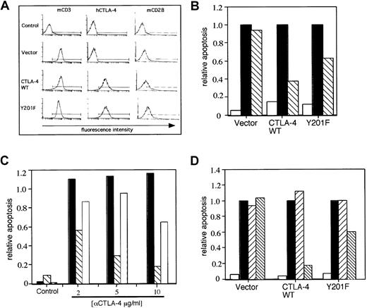 Fig. 1. CTLA-4 inhibition of AICD in T-cell hybridoma transfected with human CTLA-4. / (A) Fluorescent activated cell sorter (FACS) profile of TCRζ/CD3, human CTLA-4, and murine CD28 (mCD28) surface expression on transfectants. DC27.10 cells were stably transfected with a vector (denoted Vector), human CTLA-4 (denoted CTLA-4 WT), and CTLA-4 mutant (denoted Y201-F). (B) CTLA-4 inhibits AICD in CTLA-4 transfectants. Cells were stimulated on a 96-well plate coated with anti-CD3 (145-2C11) at a concentration of 0.5 μg/mL and with anti–CTLA-4 (10 μg/mL). Anti-TNP control antibody was added to keep a final concentration of 10.5 μg/mL with anti-CD3 alone. AICD was determined by PI as described in “Study design.” ■ indicates media; ▪, αCD3; and ▧, αCD3 + αCTLA-4. (C) CTLA-4 inhibits AICD in a concentration-dependent manner. Anti-CD3 was used at a concentration of 0.5 μg/mL, while anti–CTLA-4 was used at concentrations of 2, 5, and 10 μg/mL. Anti-TNP control antibody was added to keep the final concentrations equivalent. ▪ indicates vector; ▧, CTLA-4 WT; and ■, Y201F. (D) CTLA-4 inhibits AICD induced by anti-CD3 in conjunction with anti-CD28. Anti-CD3 was used at 0.5 μg/mL; anti-CD28 at 5 μg/mL; and anti–CTLA-4 at 5 μg/mL. Anti-TNP control antibody was added to keep the final concentrations equivalent. ■ indicates media; ▪, αCD3; ▨, αCD3 + αCD28; ▧, αCD3 + αCD28 + αCTLA-4.