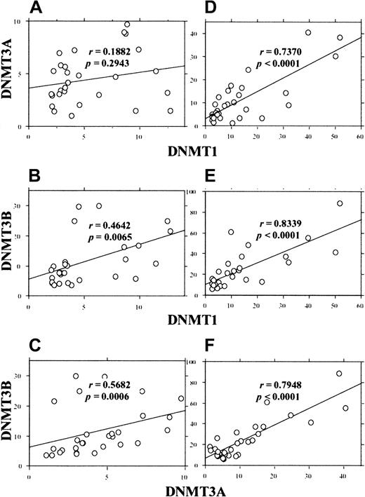 Fig. 5. Correlation between the levels of different. / DNMTs in individual AML cases. The levels ofDNMTs were corrected by GAPDH (A-C) orPCNA (D-F) and the correlation coefficients were calculated by the Spearman rank-correlation method.