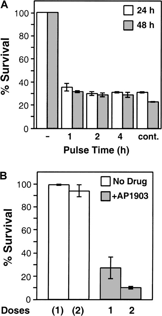Fig. 5. Short-term and multidose treatment. / (A) Short-term treatment (“pulsing”) of Fas-transduced T cells with AP1903. LV′VFas-transduced primary human T lymphocytes were incubated with 10 nM AP1903 for 1, 2, or 4 hours and were washed extensively, and survival was assayed after 24 (open bars) or 48 (shaded bars) hours, as described in “Materials and methods.” As a control, cells were incubated in the absence of AP1903 (−) or in the continuous presence of 10 nM AP1903 (cont.). Values are the mean ± SD of duplicate points. (B) Multidose treatment of Fas-transduced T cells. LV′VFas-transduced T lymphocytes were treated once or twice (48 hours apart) without drug (open bars) or with two 2-hour pulses (doses) of 10 nM AP1903 (shaded bars). In parallel, as a control, cells were treated identically without the addition of drug (open bars). Survival was assayed 48 hours after drug treatment. Values are the mean ± SD of 2 independent experiments.