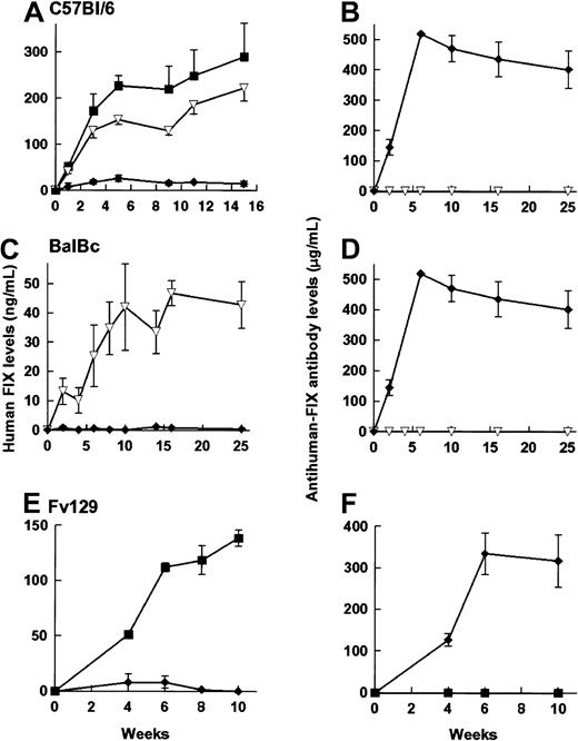 Fig. 6. hFIX expression in immunocompetent animals. / Expression of hFIX (left-hand panels) and the development of anti-hFIX antibody (right-hand panels) was examined in 6- to 8-week-old male C57/BL/6 (A,B), 4-week-old male BalBC (C,D), and 10-week-old male Fv129 (E,F) mice following administration of 5 × 1010particles of rAAV CAGG-FIX. Cohorts of C57BL/6 mice received vector through the portal vein (closed square, n = 4), tail vein (inverted triangles, n = 4), or into the muscle (diamonds, n = 6). BalBC mice received the same vector dose through the tail vein (inverted triangles, n = 4) or into the muscle (diamonds, n = 4). Fv129 mice received vector through the portal vein (squares, n = 4) or into the muscle (diamonds, n = 4). Mice were bled at the indicated number of weeks following vector administration and assayed for hFIX or the presence of anti-hFIX using an ELISA. Note that the units depicting anti-hFIX antibody levels are an estimate, as they are derived from dilutions of a monoclonal antibody. The results are represented as means with standard errors.