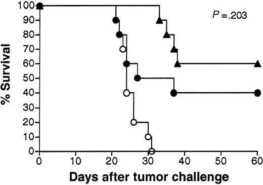 Fig. 8. Survival following vaccination with 38C13 Id adenovirus with or without prior exposure to irrelevant adenovirus. / Groups of 10 mice were injected with Adβgal or PBS, vaccinated 3 weeks later with 108 PFU Ad-IdhuCR, then challenged 3 weeks later with 1000 38C13 tumor cells SQ, and followed for survival. Survival of unvaccinated PBS-treated mice is shown for comparison.P indicates comparison between Ad-IdhuCR–vaccinated mice pretreated with Adβgal or PBS. ▴ indicates PBS and Ad-IdhuCR; ● indicates Adβgal and Ad-IdhuCR; ○ indicates PBS control.