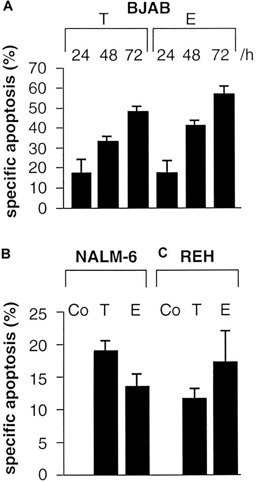 Fig. 1. Taxol and epirubicin time-dependently induce DNA fragmentation in B-lymphoid cells. / Cells were treated with control medium (Co), 0.1 μg/mL Taxol (T), or 1 μg/mL epirubicin (E). DNA fragmentation was measured in drug-treated BJAB cells (A) after the indicated time, in NALM-6 cells (B) after 48 hours, and in REH cells (C) after 48 hours as described in “Materials and methods.” Values are given as percentage of specific apoptosis ± SD (n = 3).