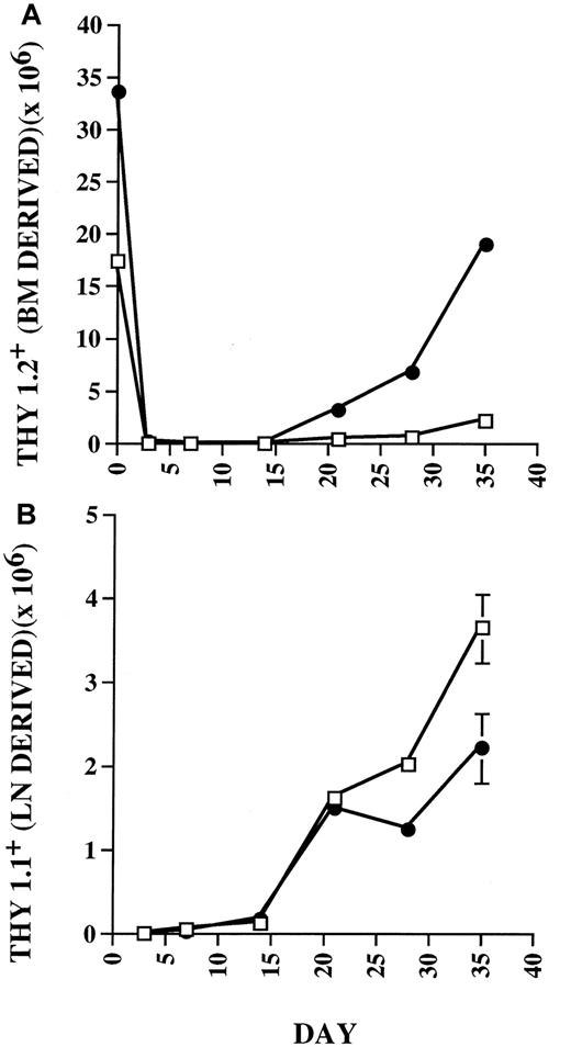 Fig. 1. Peripheral expansion in thymus-bearing hosts is down-regulated coincident with the appearance of recent thymic emigrants in the periphery. / Thymus-bearing (●) and thymectomized (□) C57BL/6 mice were lethally irradiated and given 10 × 106 Thy 1.2 T-cell–depleted BM cells and 5 × 105 Thy 1.1 congenic LN cells. Cohorts of 3 animals from each group were studied before BMT and at 3, 7, 14, 21, 28, and 35 days after BMT using flow cytometry to quantitate the absolute numbers of Thy 1.2+ (A) versus Thy 1.1+ (B) cells in the spleen. Statistical differences (P < .05) by Mann-Whitney test. SEs of the mean are shown by error bars. Statistically significant differences were observed at day 0, 3, 14, 21, 28, and 35 for Thy 1.2+ cell numbers and at day 7, 28, and 35 for Thy 1.1+ cell numbers.