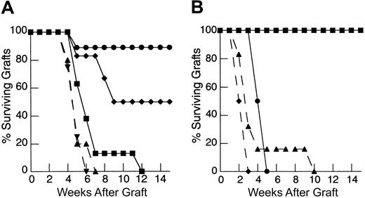 Fig. 5. IL-7 potently restores both recall and primary responses to HY-disparate skin grafts in T-cell–depleted hosts receiving suboptimal T cell inocula. / (A) TXY/TCD mice were grafted with male tail skin and injected with 1 × 106 primed LN cells via tail vein 24 hours after grafting. Then rhIL-7 was injected intraperitoneally at a dose of 5 μg/d beginning on the day of primed cell injection and continuing for 28 days. Animals receiving rhIL-7 and 1 × 106 primed LN cells, shown in previous experiments to be a suboptimal inocula (▪, n = 8), rapidly rejected HY-disparate skin grafts at nearly the same rate as thymus-bearing animals (▴, dashed line, n = 9,P = .2) and significantly faster than animals injected with vehicle only plus primed LN cells (●, n = 9,P = .0002) or rhIL-7 without primed LN cells (♦, n = 6, P = .019). Note the lack of effect in thymus-bearing animals injected with rhIL-7 (▾, dashed line, n = 5) compared to vehicle (▴, dashed line, n = 5). (B) TXY/TCD mice were injected with 1 × 106 naive LN cells and enriched male dendritic cells. The rhIL-7 at 5 μg/d intraperitoneally was initiated on the day of cell injection and continued for 28 days. Male skin grafting was performed on day 21. Similar to recall responses, administration of rhIL-7 in the primary model led to rapid rejection of HY-disparate skin grafts in TCD mice (●, n = 8), whereas mice receiving the same inocula and injected with vehicle were completely unable to reject these grafts (▪, n = 7,P = .0002). Again, there was no difference between thymus-bearing mice injected with rhIL-7 (▴, dashed line, n = 6) or vehicle (♦, dashed line, n = 6).