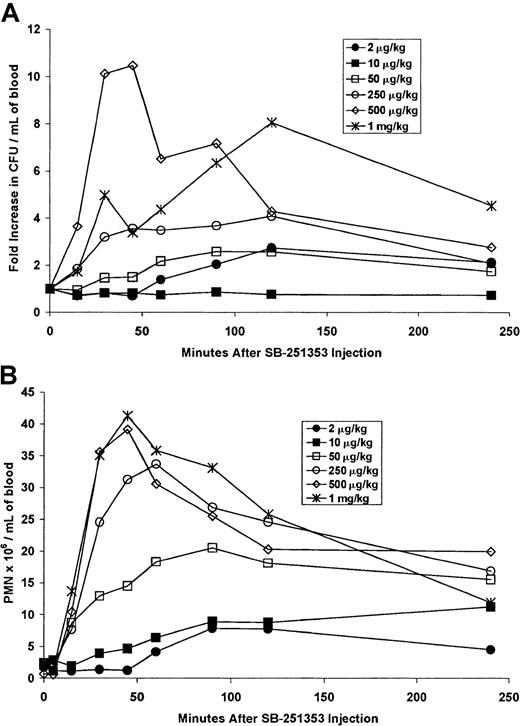 Fig. 5. Dose response analysis was performed with a single SQ injection of SB-251353 in rhesus monkeys. / (A) Hematopoietic progenitor cell mobilization in rhesus monkeys after a single SQ injection of SB-251353. Blood collected after a single injection of SB-251353 at the doses indicated was analyzed for the presence of hematopoietic progenitors. Data are presented as the fold increase compared with baseline values (23, 159, 171, 77, 17, and 41 CFU-GM/mL blood for 2, 10, 50, 250, 500, and 1000 μg/kg, respectively). (B) Neutrophil count increases in rhesus monkeys after a single SQ injection of SB-251353. Blood cell count differentials were performed on samples collected after injection. For panels A and B, data are shown as absolute counts for a single monkey dosed at each concentration of 2, 10, 50, 100, 500, and 1000 μg/kg and 3 monkeys dosed at 250 μg/kg. PMN indicates polymorphonucleated cell.