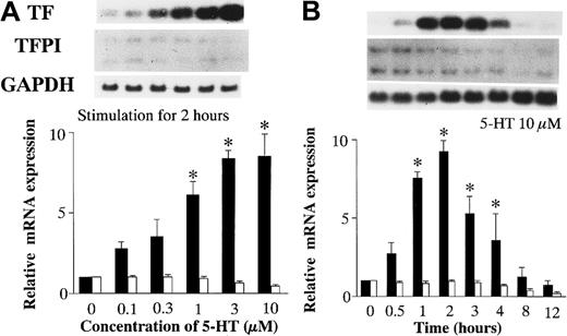 Fig. 1. Effects of 5-HT on TF and TFPI mRNA expression. / (A) Dose-dependent effects of 5-HT. (B) Time-dependent effects of 5-HT. TF and TFPI mRNA expression was normalized to GAPDH mRNA expression. Relative TF mRNA expression, ▪; TFPI, ■. Each bar represents the mean ± SEM of 3 independent experiments (*P < .05 versus vehicle-treated controls). Relative TF and TFPI mRNA expressions represent the fold increase in normalized TF and TFPI mRNA expression compared to vehicle-treated controls, respectively.