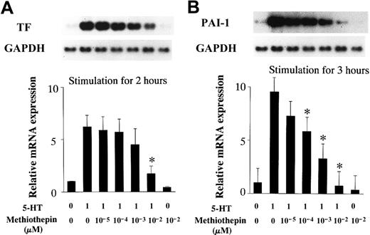 Fig. 5. Inhibitory effects of methiothepin (a 5-HT1/5-HT2 receptor antagonist) on 5-HT–induced mRNA expression. / (A) TF mRNA expression. (B) PAI-1 mRNA expression. Quiescent RAECs were preincubated with the indicated concentrations of methiothepin for 30 minutes and then cultured with serotonin 1 μM for 2 or 3 hours. Relative TF and PAI-1 mRNA expression represent the fold increase in normalized TF and PAI-1 mRNA expression compared to vehicle-treated controls, respectively. Each bar represents the mean ± SEM of 3 independent experiments (*P < .05 versus RAECs treated with 5-HT only).