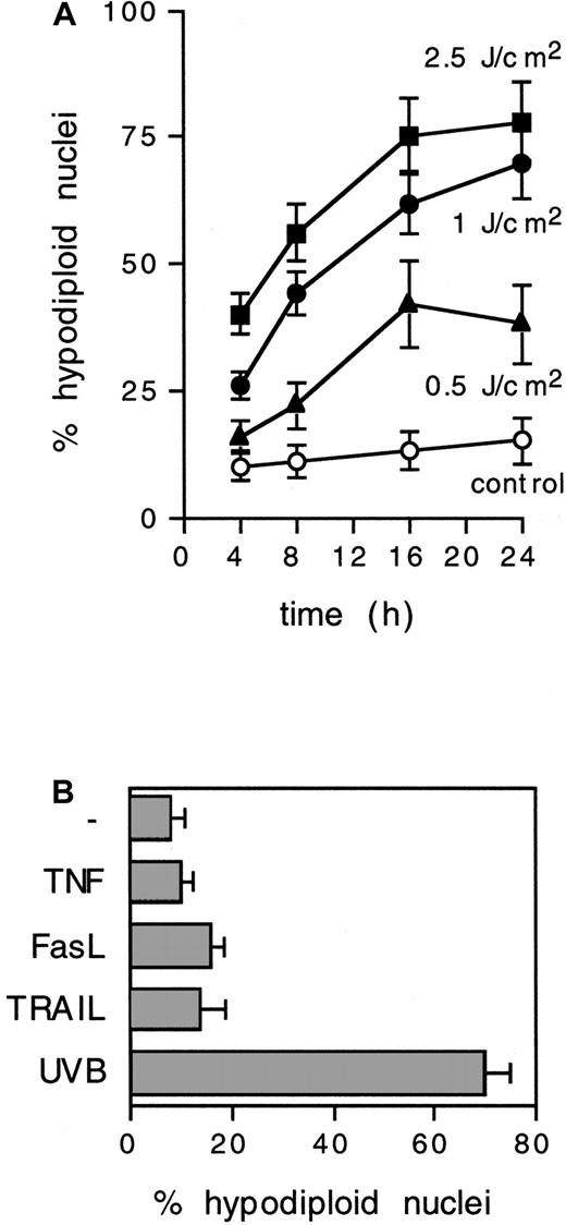 Fig. 1. UVB irradiation induces nuclear hypodiploidy in IDCs. / (A) IDCs were exposed for 2 minutes to different doses of UVB, and the percentage of hypodiploid nuclei, as detected by propidium iodide staining and FACS analysis, was determined at the indicated time points. Means ± SD from 3 experiments are shown. (B) Nuclear hypodiploidy induced at 24 hours after exposure to tumor necrosis factor (200 ng/mL), FasL (1 μg/mL), TRAIL (1 μg/mL), or UVB (1 J/cm2, 2 minutes). Means ± SD from 3 experiments are shown.