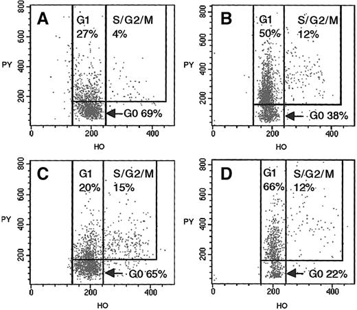 Fig. 1. Cell-cycle analysis of CD34+CD90+ and CD34+CD90− progenitors from BMT donor (donor 4) at time of bone marrow harvest, and fully chimeric matched recipient (recipient D) 6 months after BMT. / (A) Flow cytometric analysis of donor CD34+CD90+ cells, after staining with Hoechst 33342 and pyronin Y. Analysis of the cellular uptake of these vital dyes allows the discrimination of G0 (2N DNA + low levels of RNA), G1 (2N DNA + higher levels of RNA), and S/G2/M (greater than 2N DNA + higher levels of RNA) phases of the cell cycle. (B) Donor CD34+CD90− cells. (C) Analysis of recipient's CD34+CD90+ cells 6 months after BMT. (D) Recipient CD34+CD90− cells.