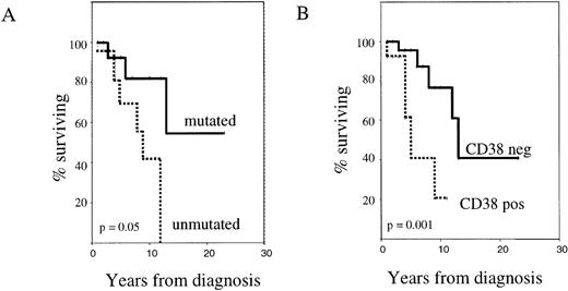 Fig. 2. CD38 expression and Ig VH gene mutational status as independent prognostic factors in B-CLL. / The figure shows Kaplan-Meier survival curves comparing cases with mutated versus unmutated Ig VH genes (A) and CD38+ versus CD38− cases (B). Deaths not attributable to CLL were censored.
