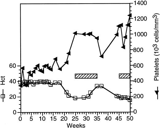 Fig. 9. Development of hemolytic anemia in macaque Mm 250-97 following transplantation with LZRS/eGFP-transduced CD34+cells. / Hematocrit (Hct) and platelet counts are shown at the indicated times after transplantation. The hatched bar indicates the duration of immunosuppressive therapy with prednisone and azathioprine.