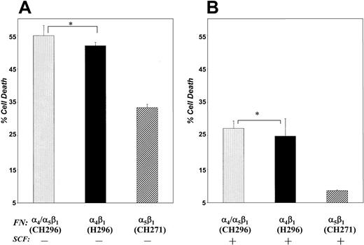 Fig. 4. Ligation via α4β1 induces cell death in G1E-ER2 cells. / G1E-ER2 erythroid progenitors were cultured on FN peptides mediating adhesion to α4β1 (H296) or α5β1 (CH271) or both α4β1 and α5β1(CH296) in the absence (A) or presence (B) of SCF for 48 hours. Cell death was quantitated by performing annexin V and PI staining as described in “Materials and methods.” Bars denote the percentage of total cell death (± SD) of 2 independent experiments performed in replicates of 3. Asterisk indicates P < .05 α4β1 (H296) and α4β1 and α5β1(CH296) versus α5β1 (CH271).