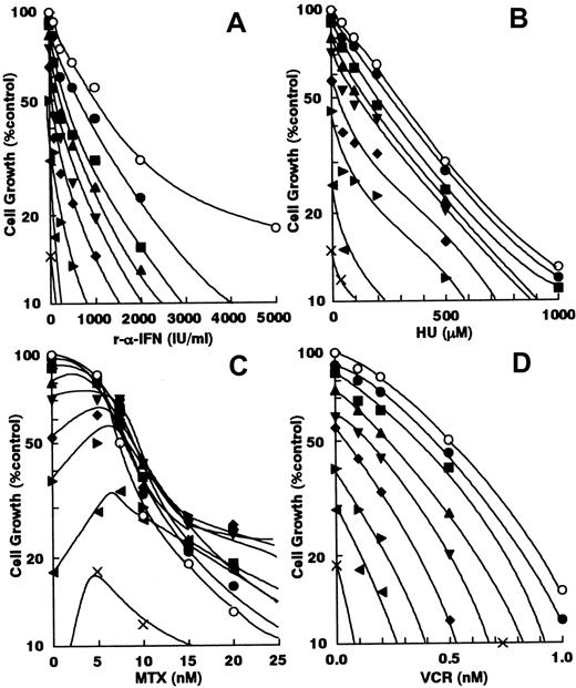 Fig. 3. Dose-response curves. / Dose-response curves for STI571 in combination with (A) recombinant IFN-α (r-α-IFN), (B) hydroxyurea (HU), (C) methotrexate (MTX), and (D) vincristine (VCR) in KU812 cells. Cell growth was measured using the MTT assay after 5 days and was plotted as a percentage of the control (cells not exposed to drugs). The concentrations of STI571 were 0 (○), 10 (●), 20 (▪), 30 (▴), 40 (▾), 50 (♦), 60 (▸), 80 (◂) and 100 (x) nM. The concentrations of the combined drugs are shown on the abscissa. Each point represents the mean value for at least 3 independent experiments; the SEMs were less than 20% and were omitted.