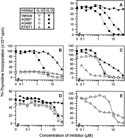 Fig. 2. Comparison of anti-proliferative effects of AG957, AG490, and STI571 on BCR-ABL-expressing cell lines. / 3H-thymidine incorporation in varying concentrations of vehicle AG957, AG490, and STI571 in the presence or absence of growth factor. (A) Comparison of AG957, AG490, and vehicle in presence of IL-3 for the cell line FDbcr210E; 18-hour exposure to inhibitor. (B) Comparison of AG957 and STI571 ± IL-3 for untransfected FDC-P1 cells; 18-hour incubation in inhibitor. (C) Comparison of AG957 and STI571 ± IL-3 for the BCR-ABL-expressing cell line FDbcr210E; 18-hour incubation in inhibitor. (D) Comparison of AG957 and STI571 ± IL-3 for the BCR-ABL-expressing cell line FDbcr210E; 30-minute incubation in inhibitor. (E) Comparison of AG957 and STI571 for the human BCR-ABL-expressing cell line K562; 18-hour incubation in inhibitor in absence of IL-3.