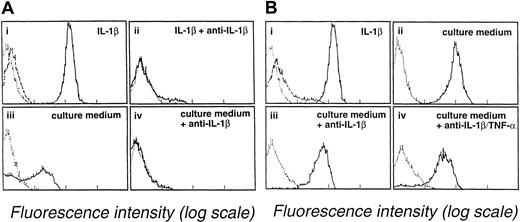 Fig. 4. Anti–IL-1β and anti–TNF-α mAbs prevent endothelial cell activation by blast cell supernatants. / (Ai-ii) Endothelial cells were incubated with medium containing 10 U/mL IL-1β in the absence (i) or the presence (ii) of 5 μg/mL mAb anti-IL-1β. (Aiii-iv) Endothelial cells were incubated for 4 hours at 37°C with culture medium of M2 AML myeloblasts (patient 1) in the absence (iii) or the presence (iv) of 5 μg/mL mAb anti-IL-1β. Endothelial cells were analyzed for E-selectin expression by flow cytometry. (B) Partial inhibition of endothelial cell activation by anti–IL-1β and anti–TNF-α antibodies. (Bi-ii) Endothelial cells were incubated for 4 hours at 37°C with medium supplemented with 10 U/mL IL-1β (i) or with supernatant from M4 AML myeloblasts (ii). (Biii) Endothelial cells were incubated with the culture medium of M4 AML myeloblasts (patient 3) treated with anti–IL-1β (5 μg/mL). (Biv) endothelial cells were incubated with supernatant from M4 AML myeloblasts treated with anti–IL-1β (5 μg/mL) and anti–TNF-α (10 μg/mL). E-selectin expression by endothelial cells was evaluated by flow cytometry. Background staining by an unreactive isotype-matched mAb is indicated by the dotted line. Dashed lines show the expression of ICAM-1 by unactivated endothelium.