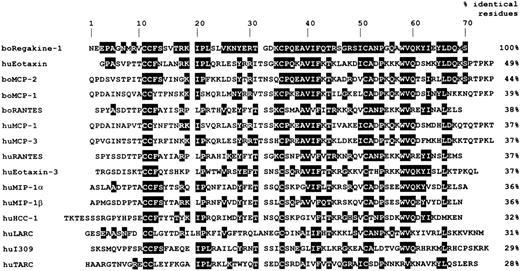 Fig. 3. Sequence alignment and homology of Regakine-1 with other CC chemokines. / Residues of Regakine-1 conserved in one of the other CC chemokines listed are shaded. The percentage identical residues between Regakine-1 and the other chemokines is indicated.