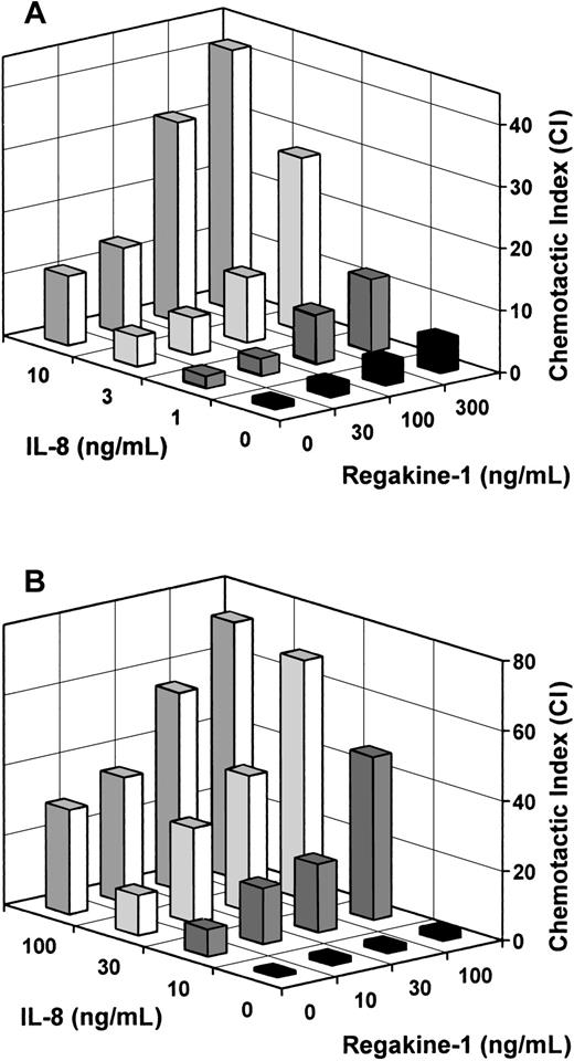 Fig. 6. Synergistic effect of Regakine-1 and IL-8 on neutrophil chemotaxis. / Different concentrations of IL-8 (0-10 ng/mL) and pure natural Regakine-1 (0-300 ng/mL) were combined in the lower compartment of the microchamber to measure neutrophil chemotaxis (A). Alternatively (B), human neutrophils were incubated with different concentrations (0-100 ng/mL) of natural Regakine-1 (10 minutes, 37°C) before transfer to the upper compartment of the microchamber to measure the chemotactic response to various concentrations of IL-8 (0-100 ng/mL). The mean CIs are derived from 3 independent experiments. The SEM did not exceed 20% of the mean CI and is omitted for clarity.